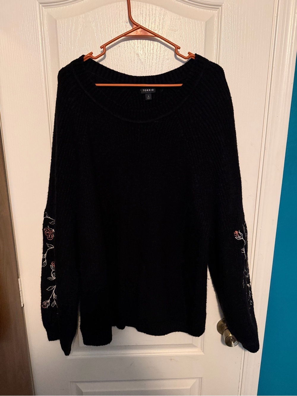 torrid Black Crewneck Sweater with Pink & White Floral Sleeve Embroidery
